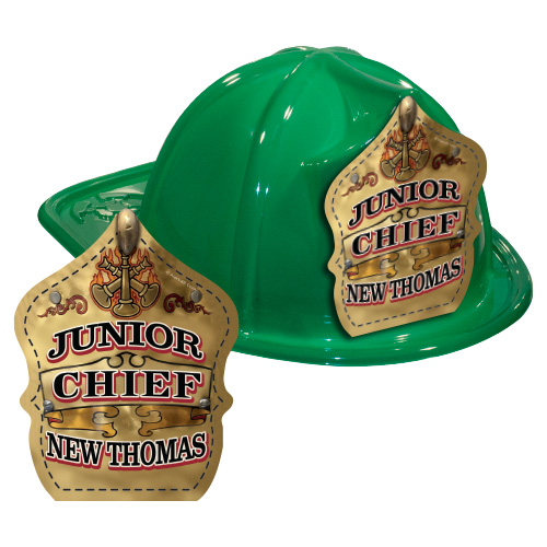 IMPRINTED FIRE HATS - GREEN -GOLD JR. CHIEF SHIELD