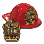 IMPRINTED FIRE HATS-RED- 9/11 GOLD FLAG SHIELD
