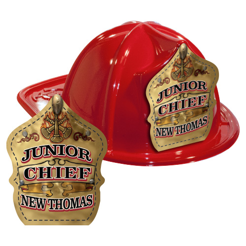 IMPRINTED FIRE HATS-RED- GOLD JR. CHIEF SHIELD