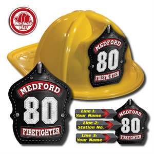 Custom Black Leather Design on Yellow Fire Hat