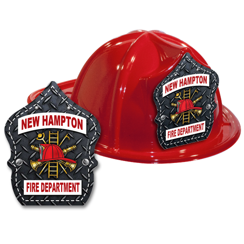 Custom Diamond Plate Shield on Red Fire Hat