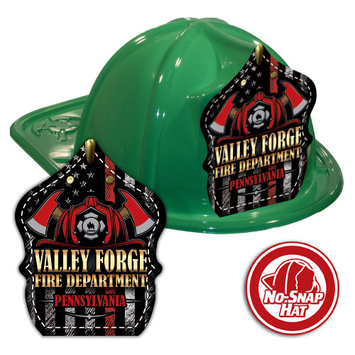 Custom Green Fire Hat w/ Red Line Flag and Axes Shield