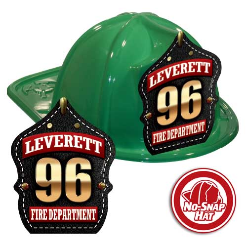 Custom Green Hats with Black Leather-Look w/ Gold Numbers Shield