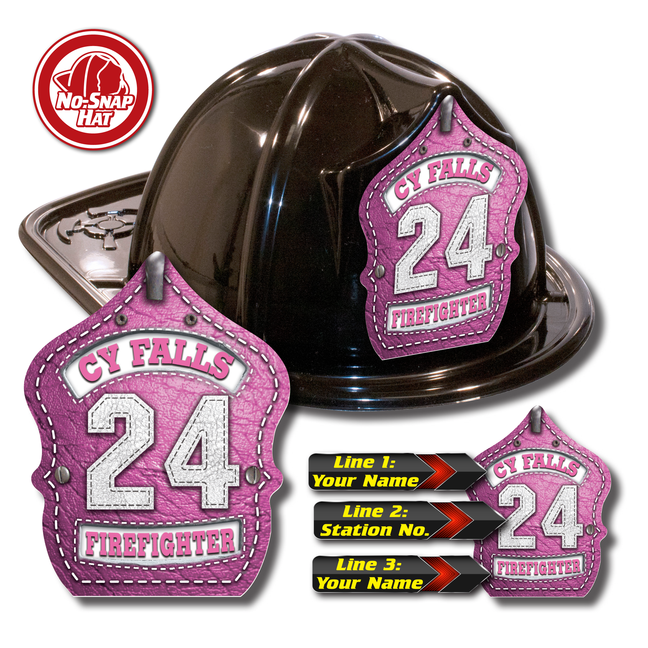 Custom Pink Leather Design on Black Fire Hat
