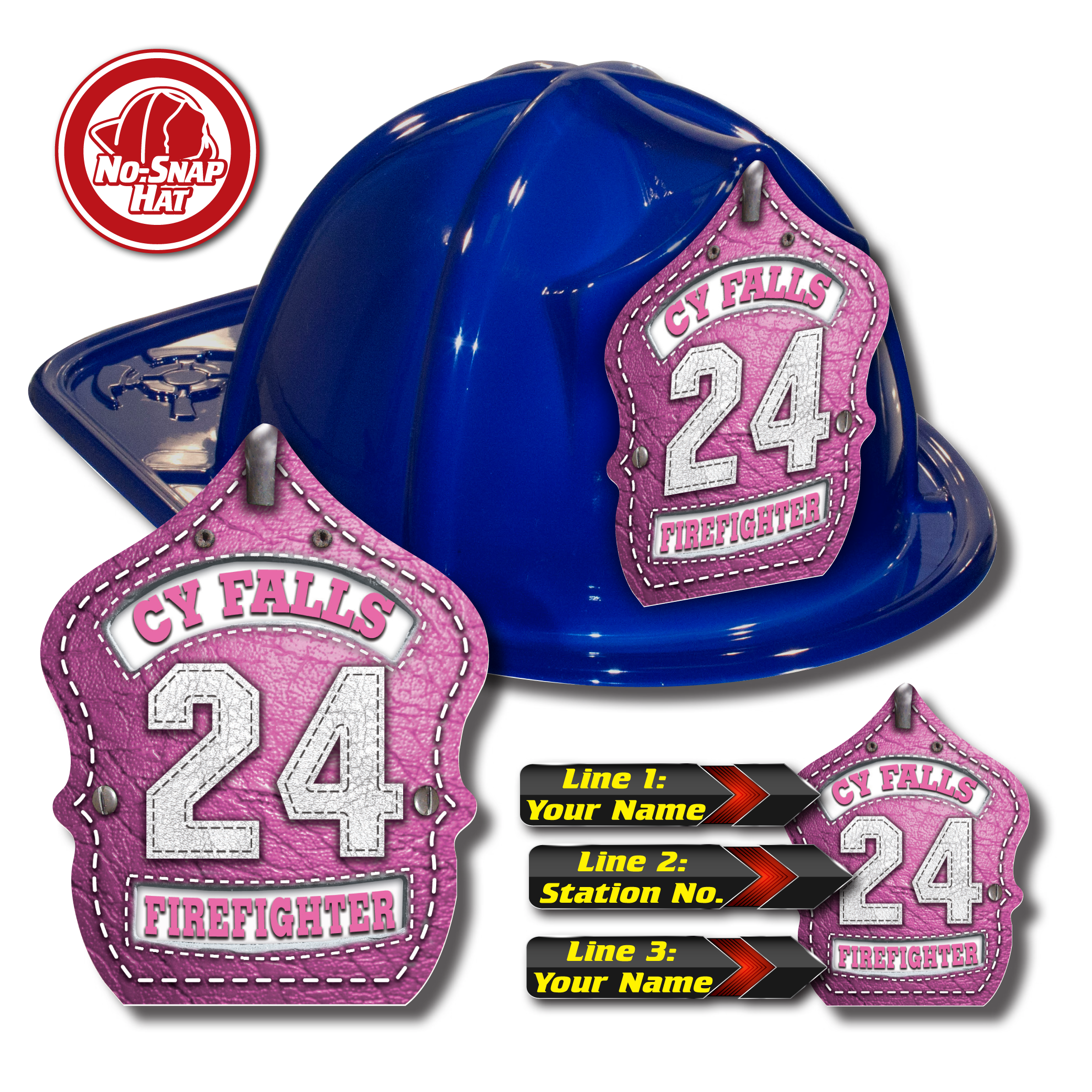 Custom Pink Leather Design on Blue Fire Hat