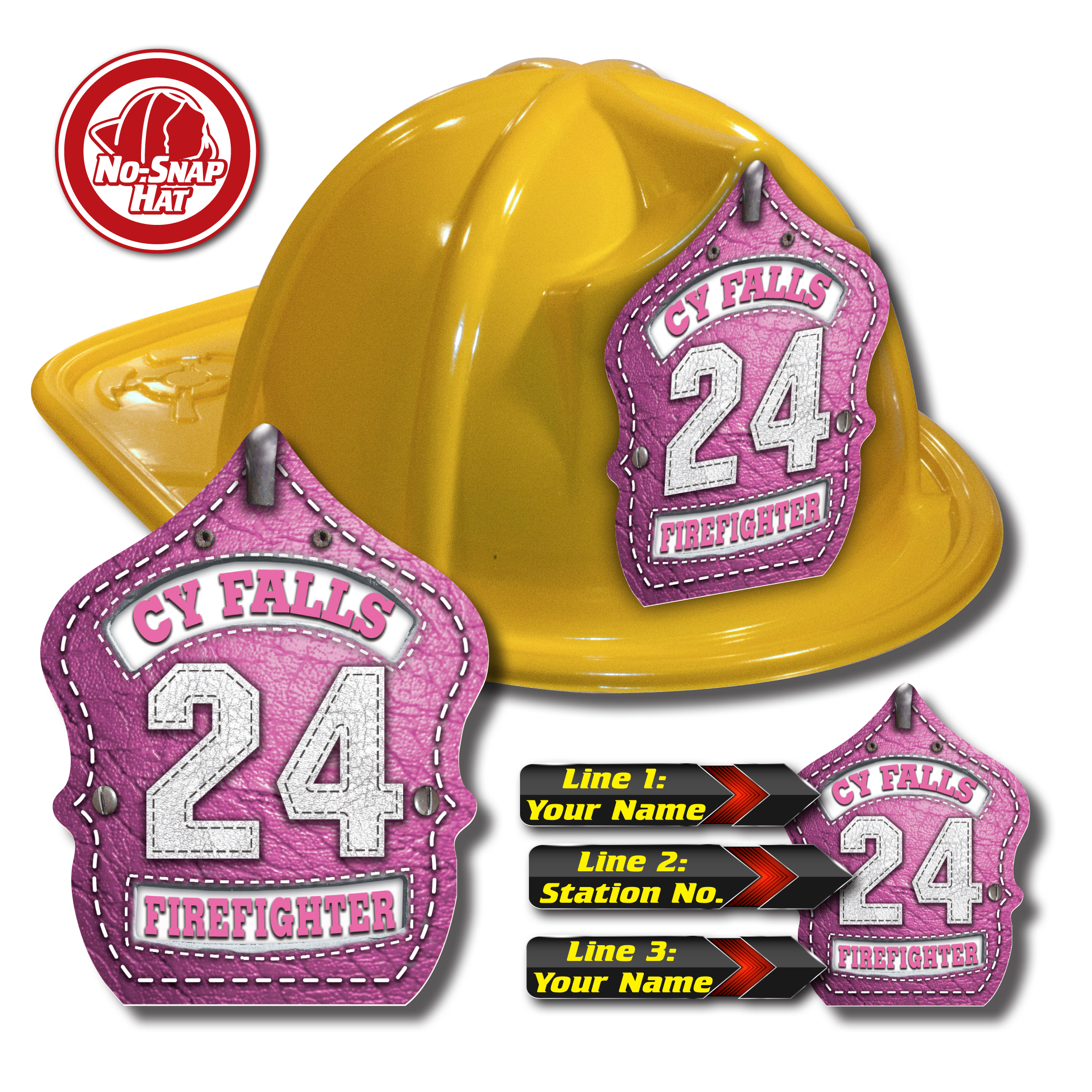 Custom Pink Leather Design on Yellow Fire Hat
