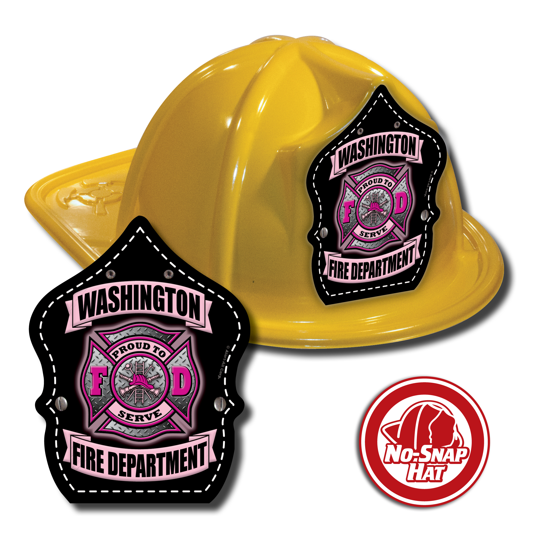 Custom Yellow Fire Hats with Pink Maltese Cross