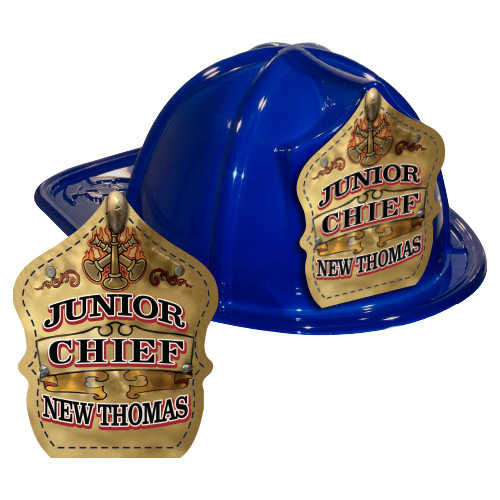 IMPRINTED FIRE HATS - BLUE  -GOLD JR. CHIEF SHIELD