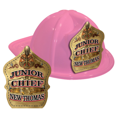 IMPRINTED FIRE HATS - PINK -GOLD JR. CHIEF SHIELD