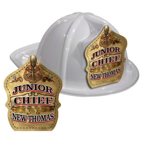IMPRINTED FIRE HATS-WHITE- GOLD JR. CHIEF SHIELD