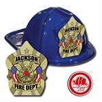 Custom Blue Fire Hat with Gold Eagle Shield